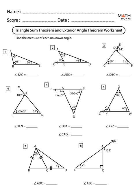 The <b>sum</b> of the interior <b>angles</b> is always 180° implies, ∠ x + ∠y + ∠z = 180°. . Triangle sum theorem and exterior angle theorem worksheet pdf